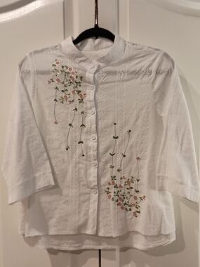 White Embroidered Floral Button-Up Blouse